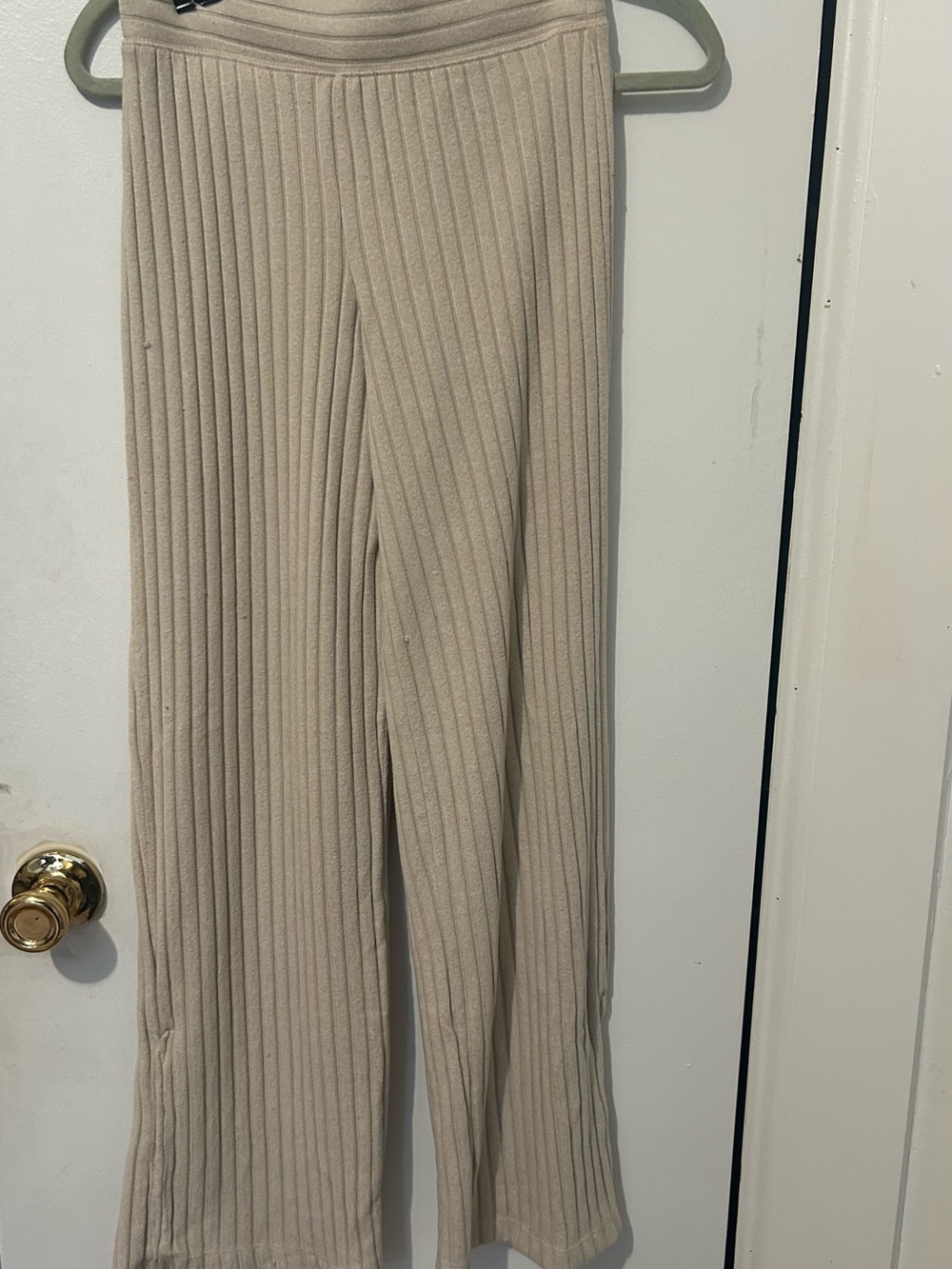 Gilly Hicks Ribbed Knit Wide-Leg Pants in Light Beige